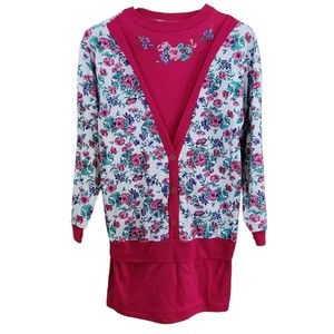 Vintage 80s Floral Faux Layered Sweater Dress Made USA Cottagecore Prairie Chic